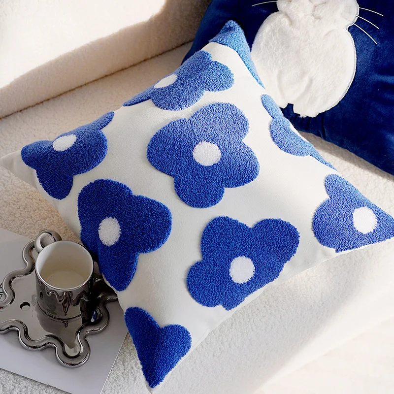 Blue & White Bunny & Flower Cushion Cover - Image 3