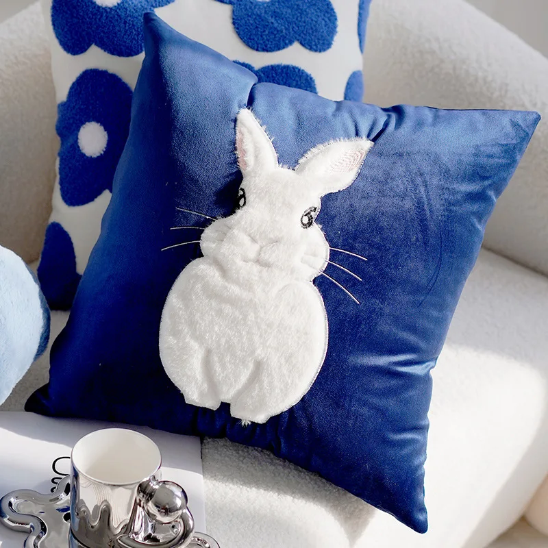 Blue & White Bunny & Flower Cushion Cover - Image 4