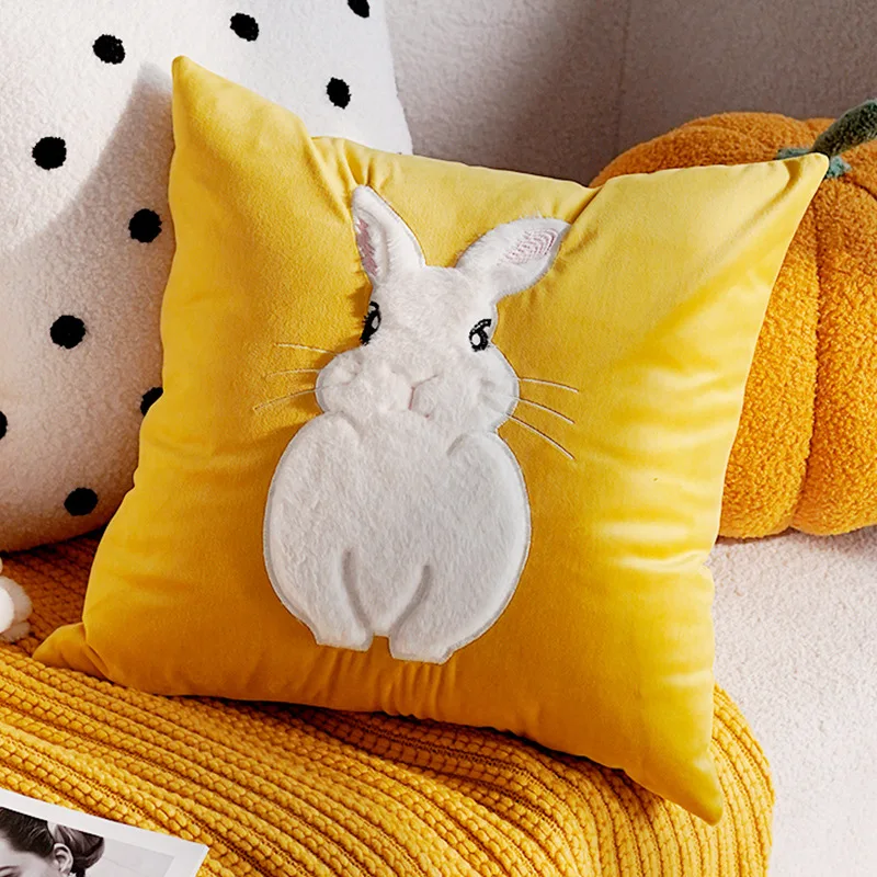 Blue & White Bunny & Flower Cushion Cover - Image 6