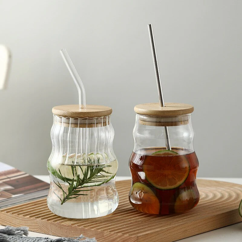 Borosilicate Ribbed Glass Cup - with lid - Image 2