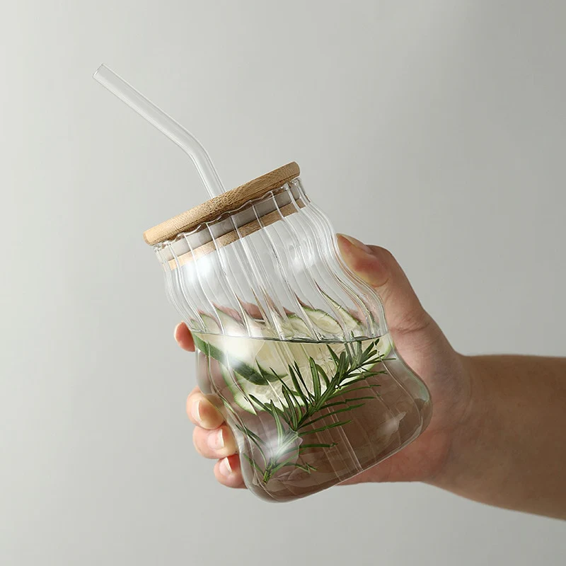 Borosilicate Ribbed Glass Cup - with lid - Image 4