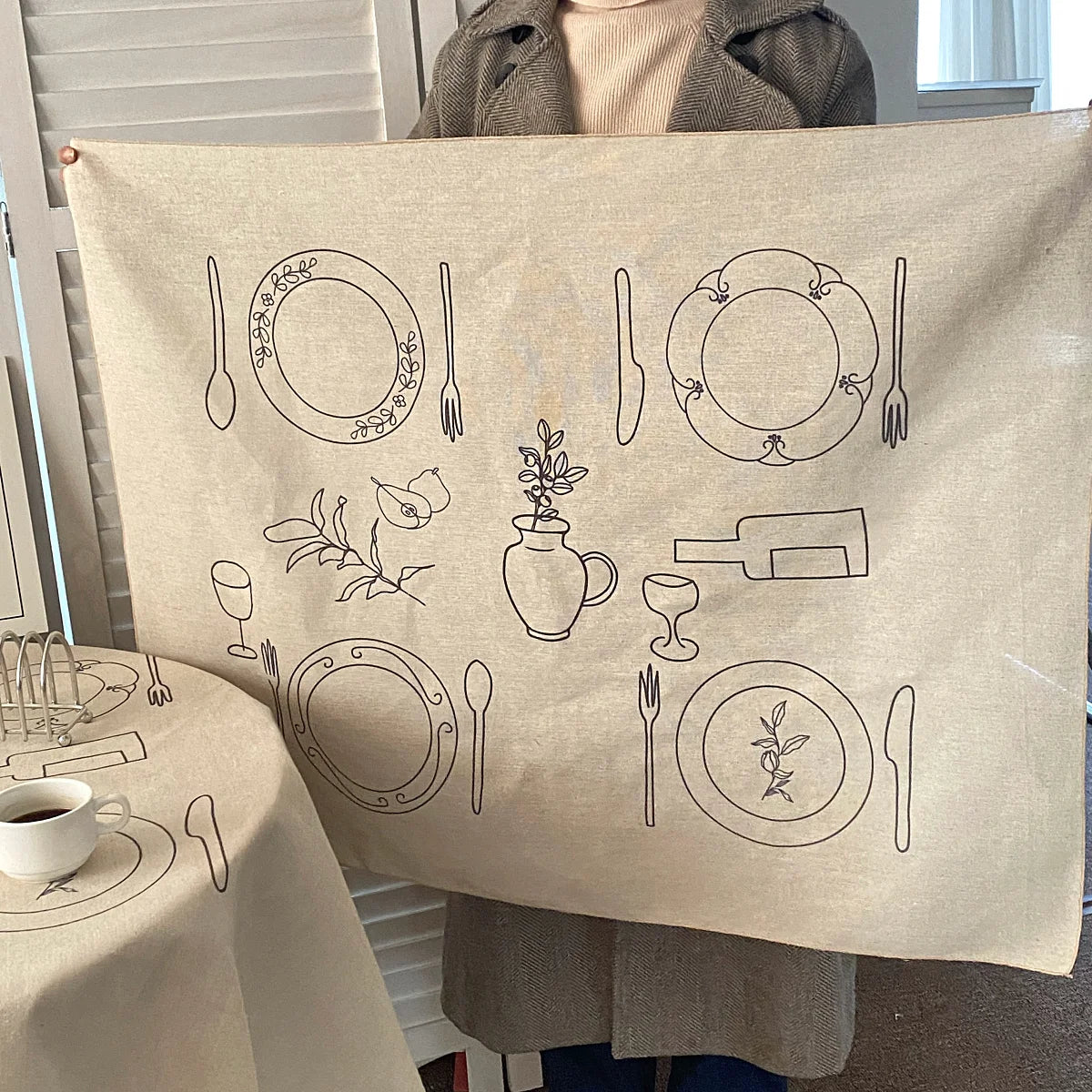 Creative Cotton Linen Tablecloth with Sketch Design - Image 3