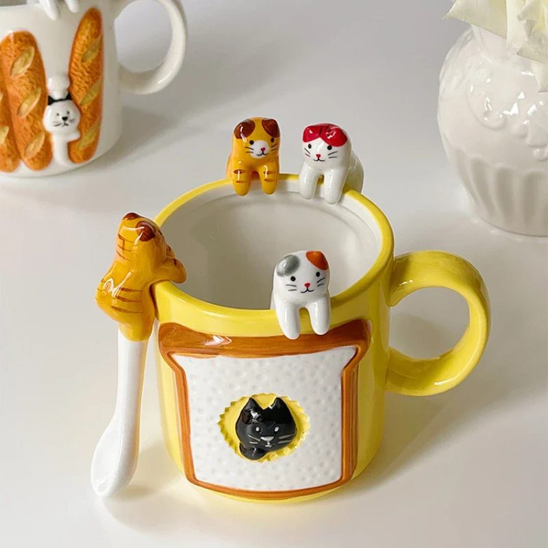 Cute Cat & Bread Ceramic Mug - Image 2