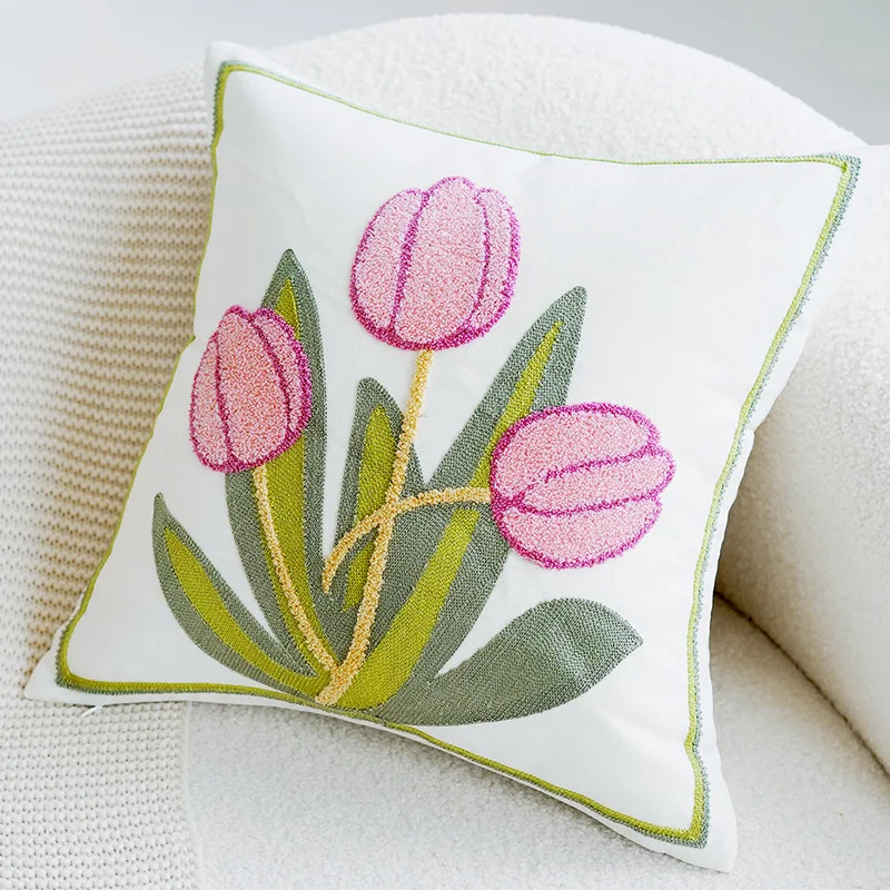 Green & Pink Tulip Embroidered Pillow Cover - Image 11