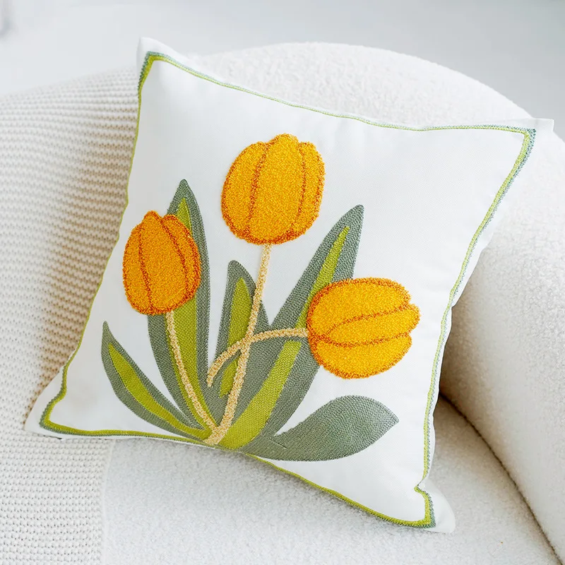 Green & Pink Tulip Embroidered Pillow Cover - Image 12