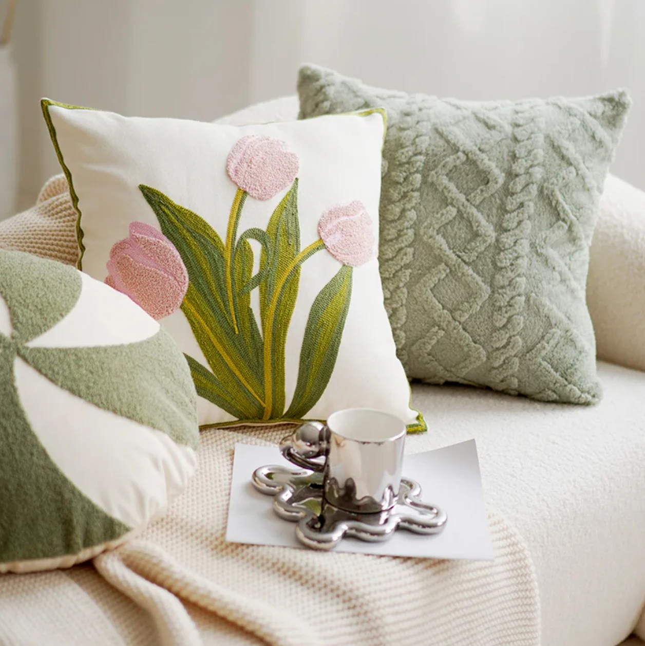 Green & Pink Tulip Embroidered Pillow Cover - Image 2