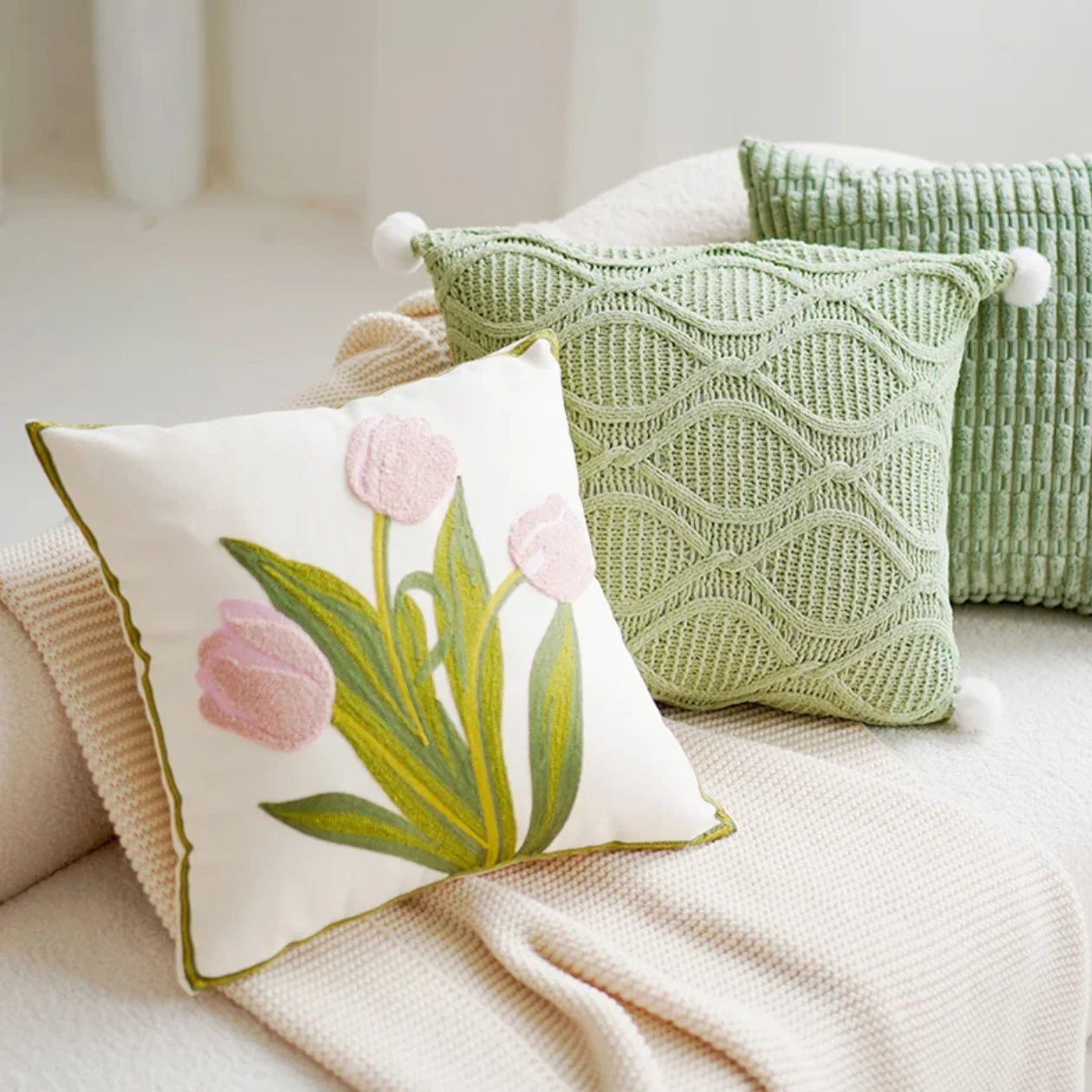 Green & Pink Tulip Embroidered Pillow Cover - Image 3