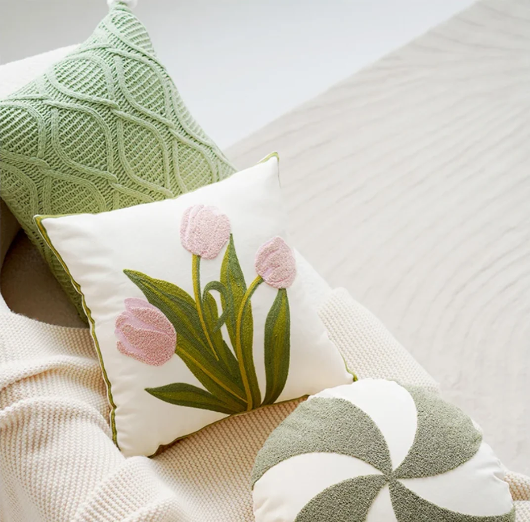Green & Pink Tulip Embroidered Pillow Cover - Image 4
