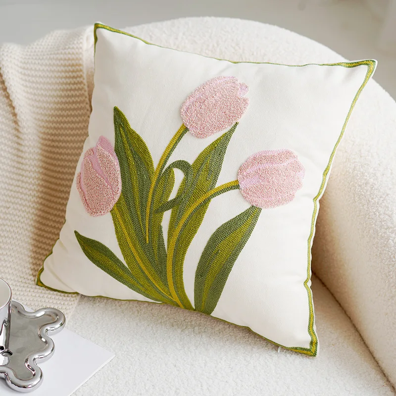 Green & Pink Tulip Embroidered Pillow Cover - Image 5