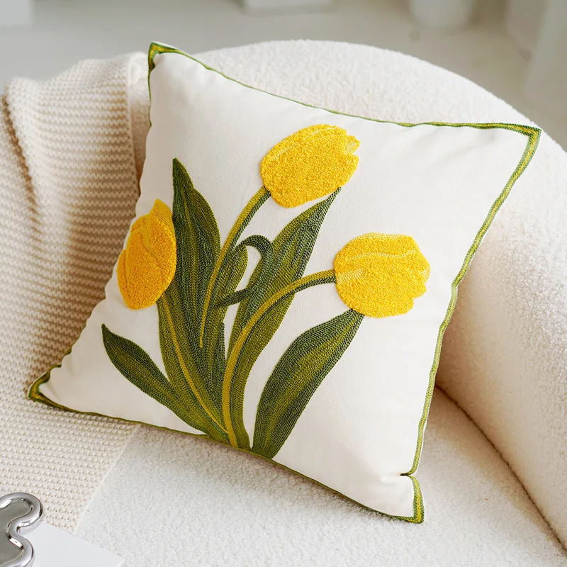 Green & Pink Tulip Embroidered Pillow Cover - Image 6