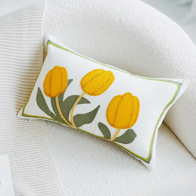 Green & Pink Tulip Embroidered Pillow Cover - Image 7
