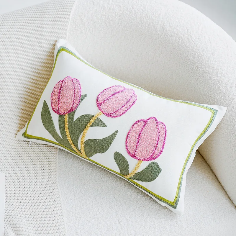 Green & Pink Tulip Embroidered Pillow Cover - Image 8