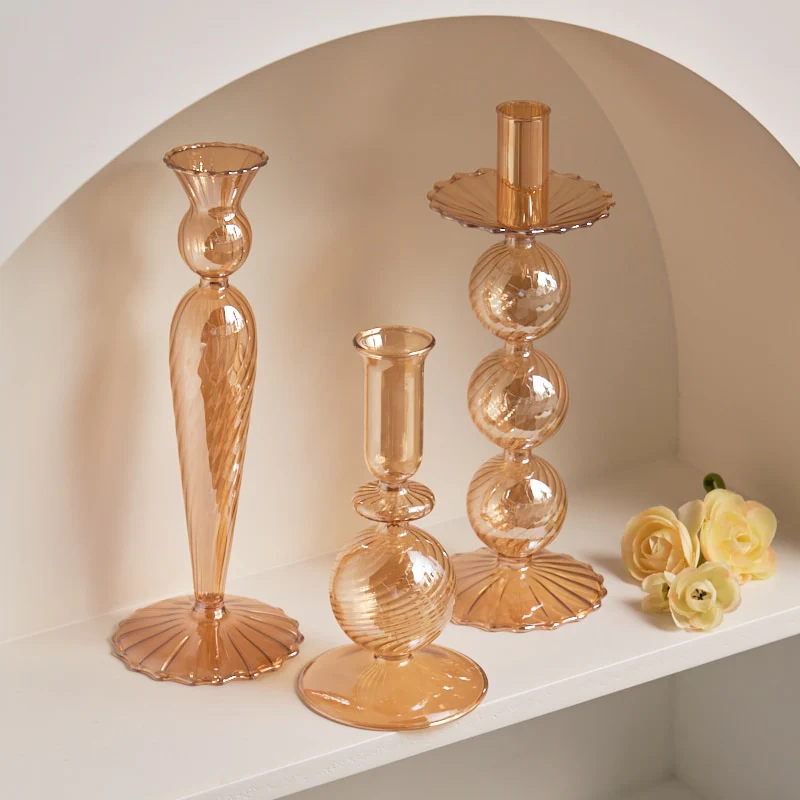 Ribbed Glass Candle Holders - Amber - Image 2