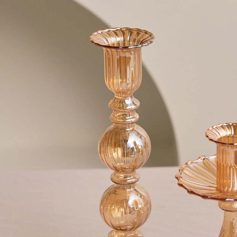 Ribbed Glass Candle Holders - Amber - Image 3