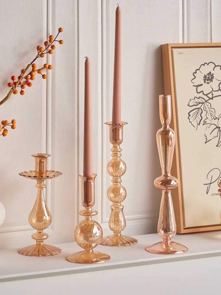 Ribbed Glass Candle Holders - Amber - Image 4