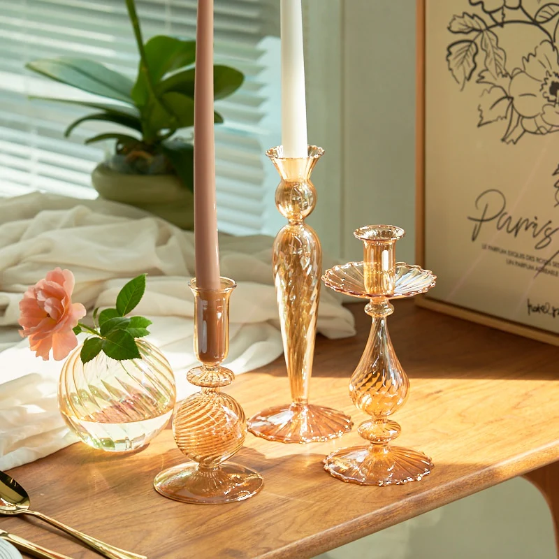 Ribbed Glass Candle Holders - Amber - Image 5