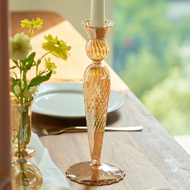 Ribbed Glass Candle Holders - Amber - Image 6