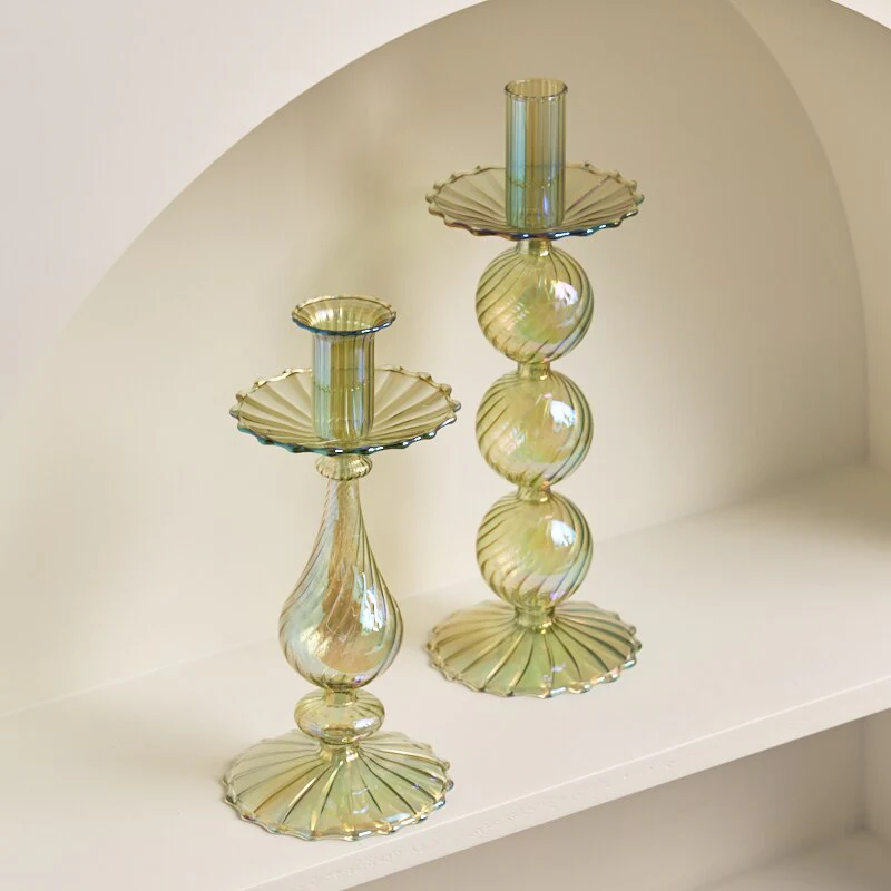 Ribbed Glass Candle Holders - Green - Image 2