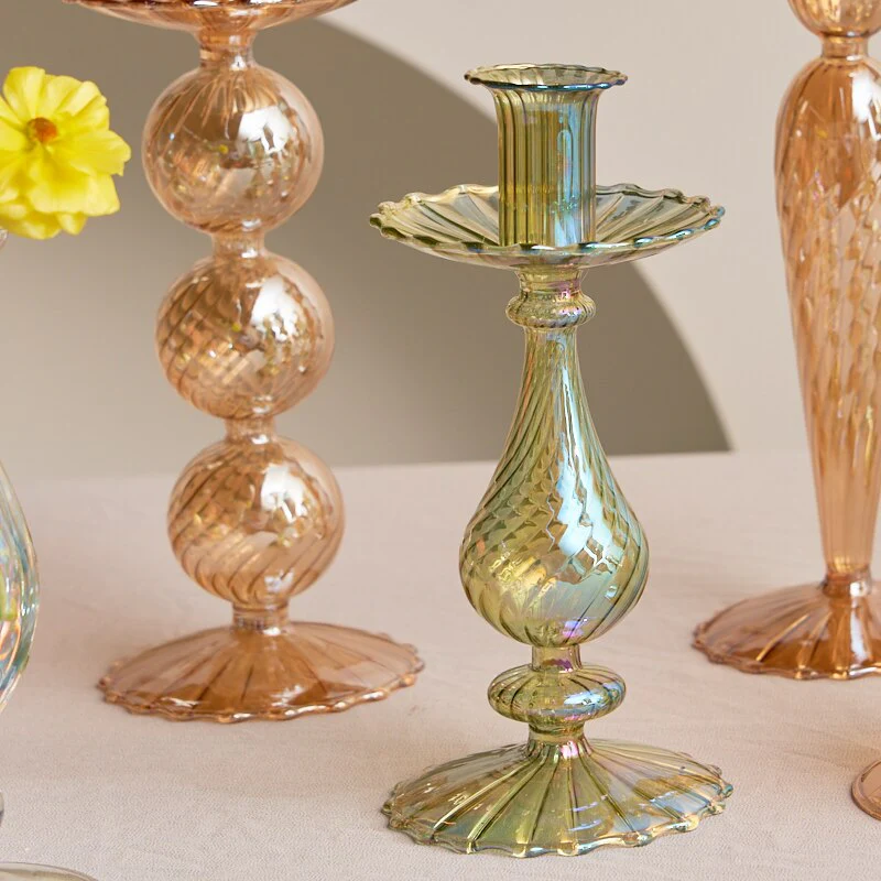 Ribbed Glass Candle Holders - Green - Image 3