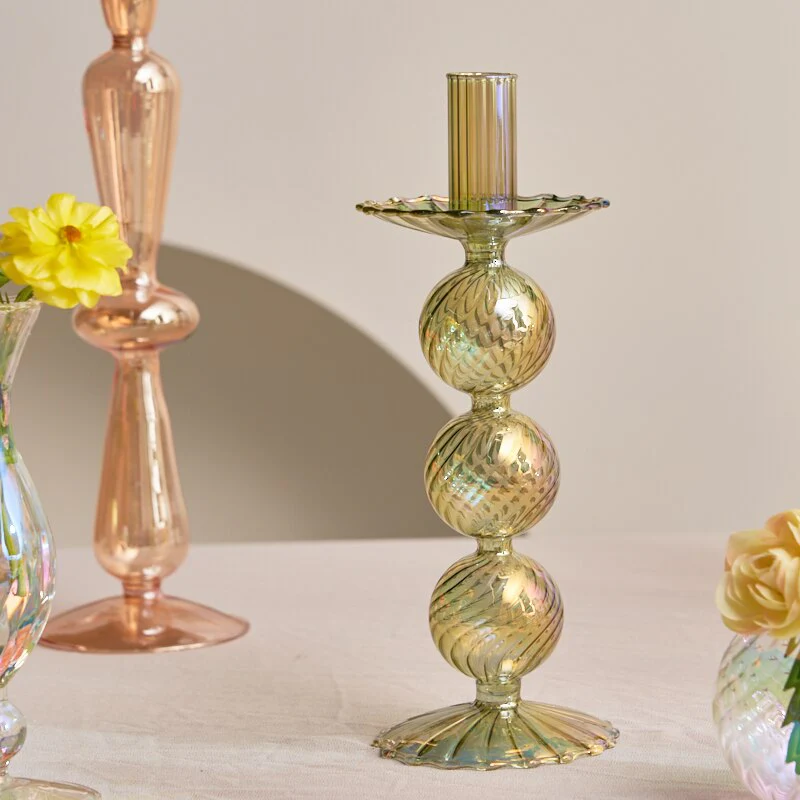 Ribbed Glass Candle Holders - Green - Image 4