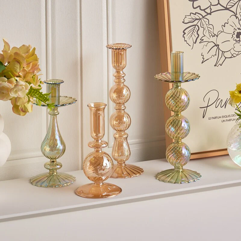 Ribbed Glass Candle Holders - Green - Image 5