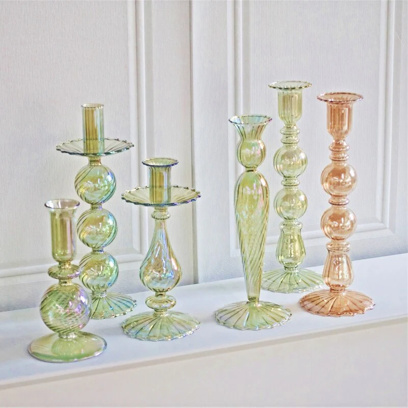 Ribbed Glass Candle Holders - Green - Image 6