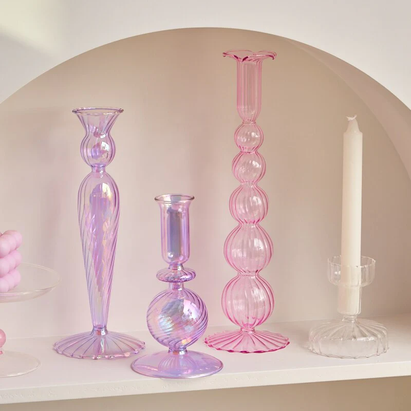 Ribbed Glass Candle Holders - Lilac - Image 2