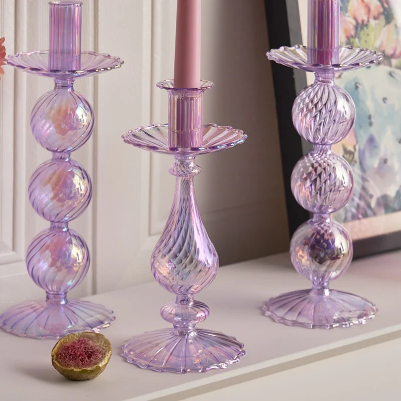 Ribbed Glass Candle Holders - Lilac - Image 3