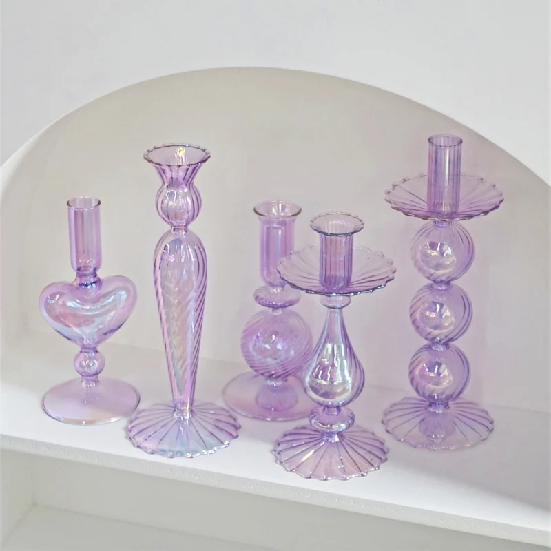 Ribbed Glass Candle Holders - Lilac - Image 4