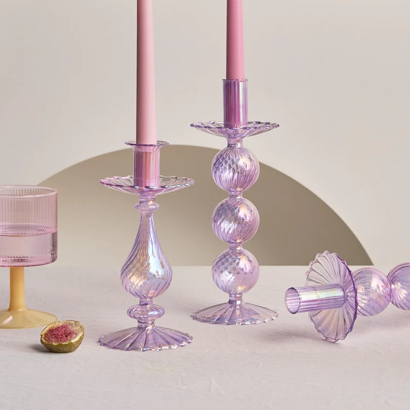 Ribbed Glass Candle Holders - Lilac - Image 5