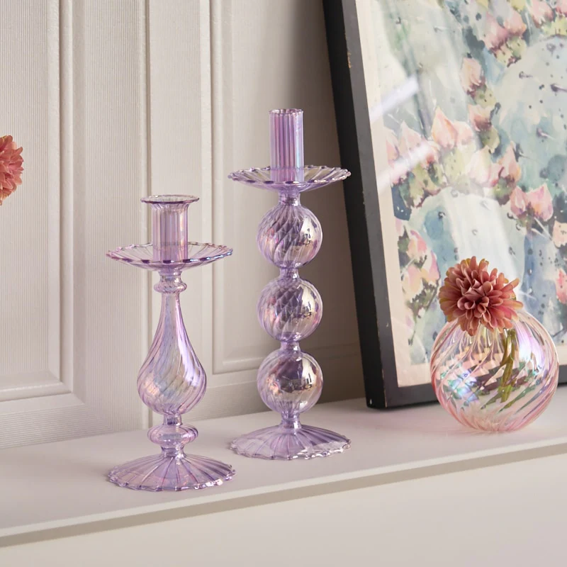 Ribbed Glass Candle Holders - Lilac - Image 6