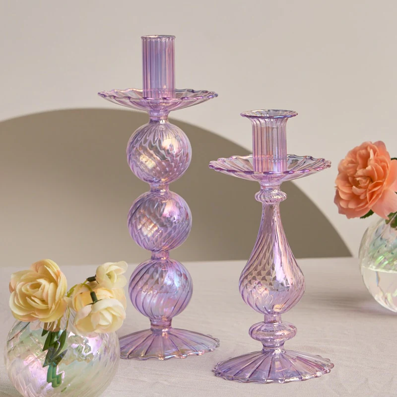 Ribbed Glass Candle Holders - Lilac - Image 8