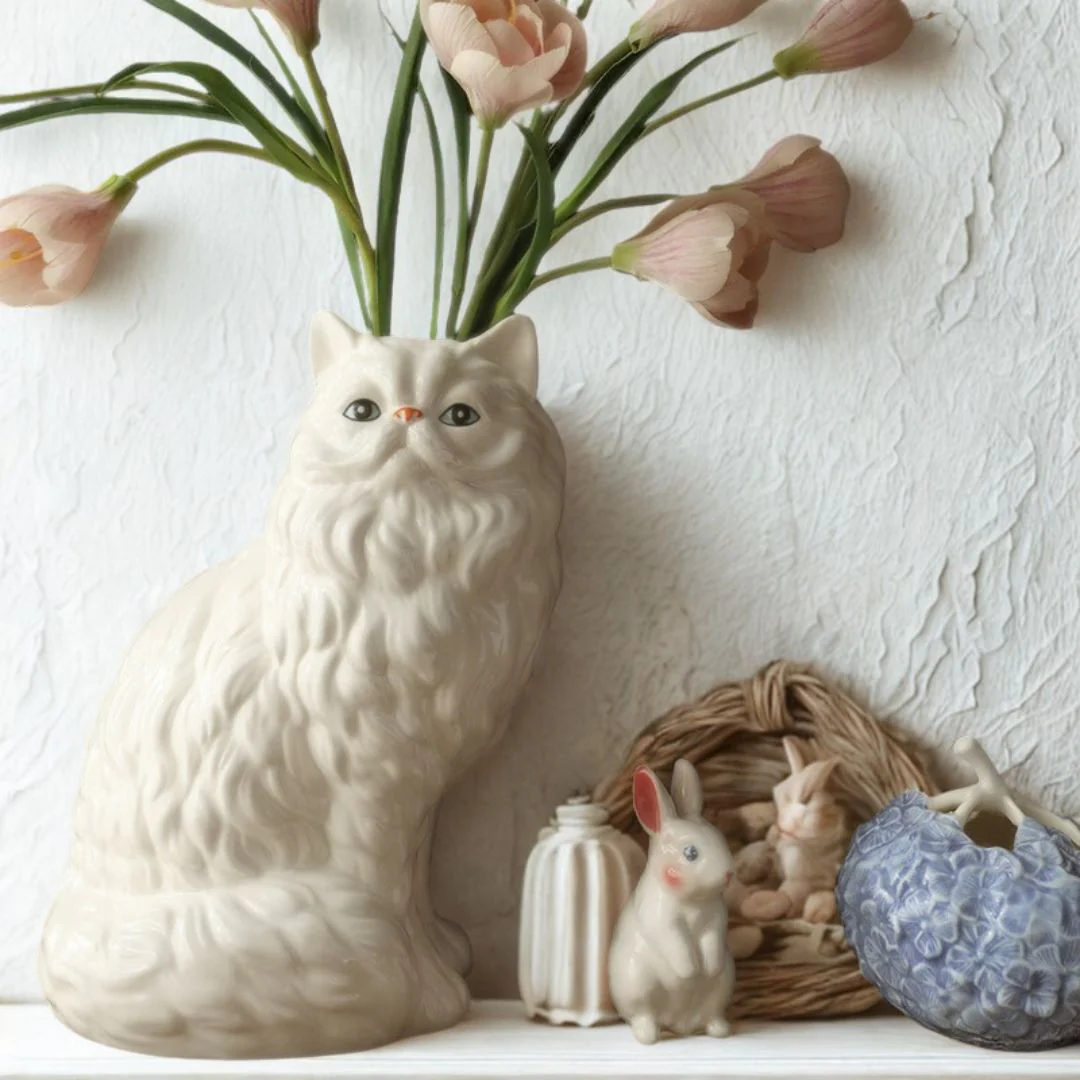 White Furry Ceramic Cat Vase