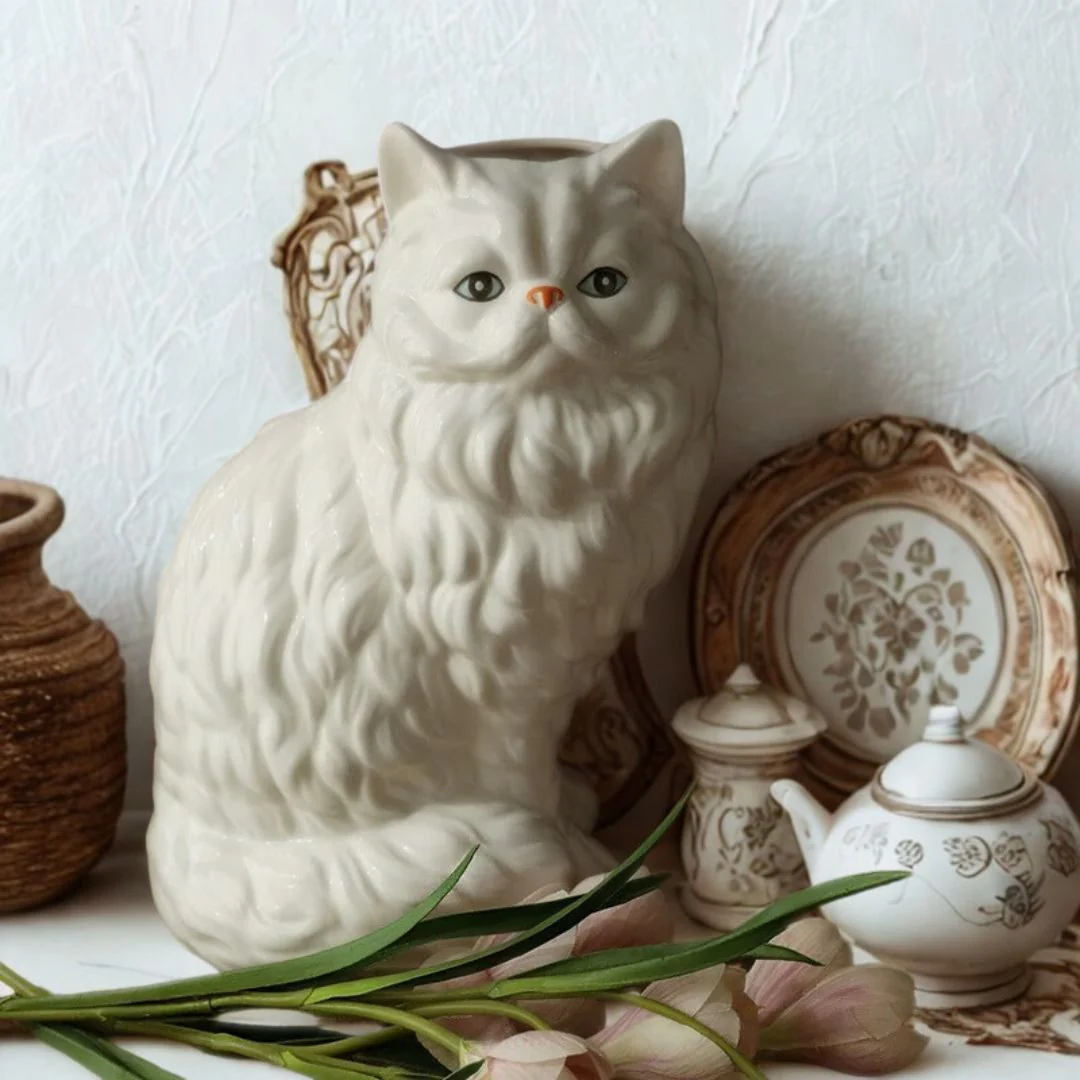 White Furry Ceramic Cat Vase - Image 2