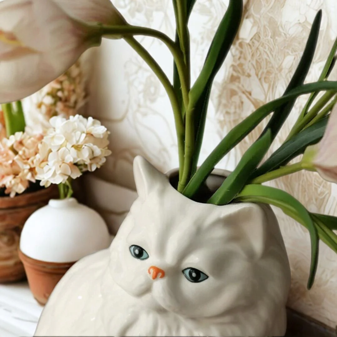 White Furry Ceramic Cat Vase - Image 4